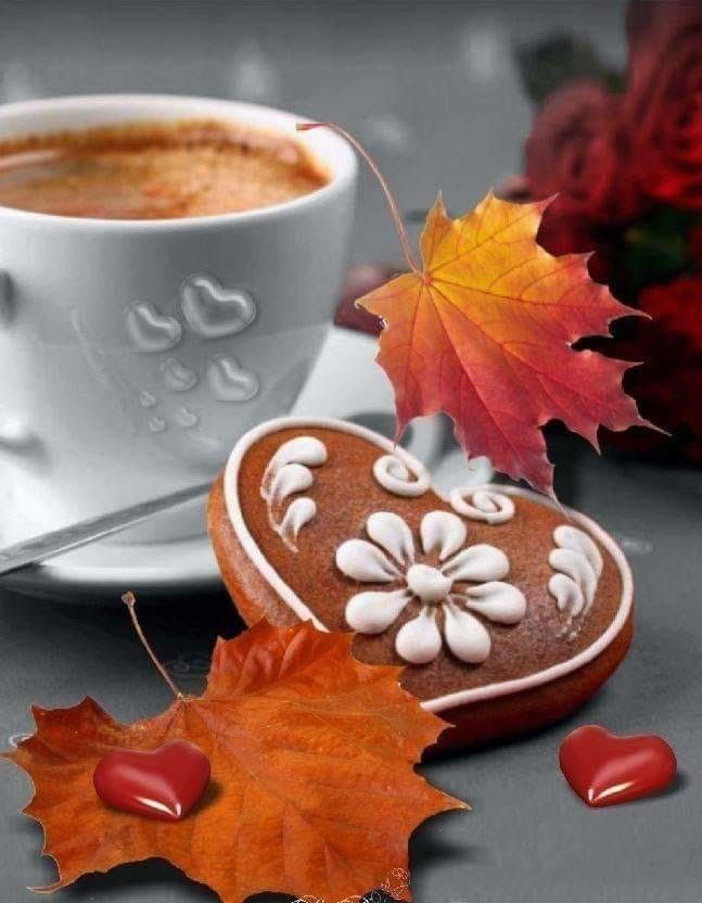 Чашечка кофе и желтые листья   открытки на утро осени (20)